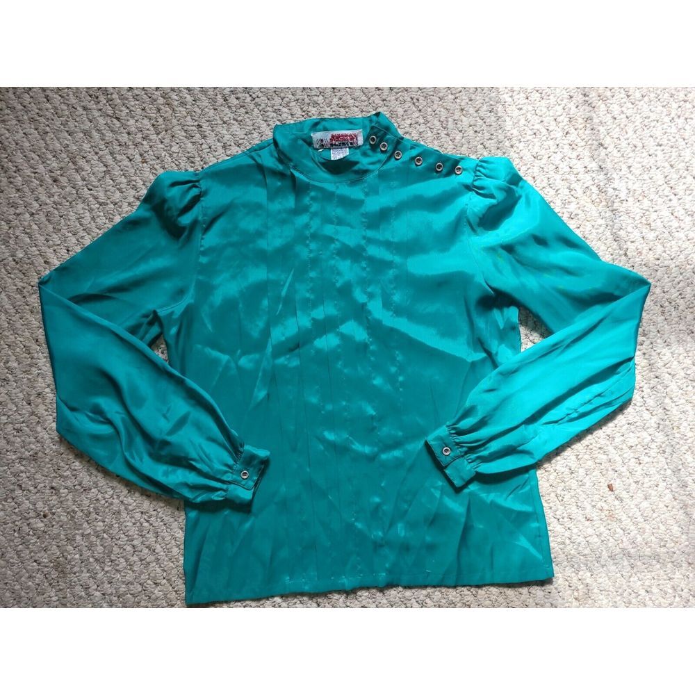 Vintage 70s Green Blouse Long Sleeves Retro 1970s 80s Size S‎
